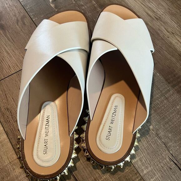Stuart Weitzman White Sandals with Gold Accents - Picture 9 of 14